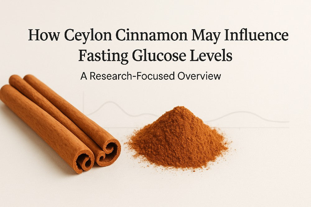 Ceylon cinnamon sticks and powder on a clean research-style background with subtle glucose chart elements.