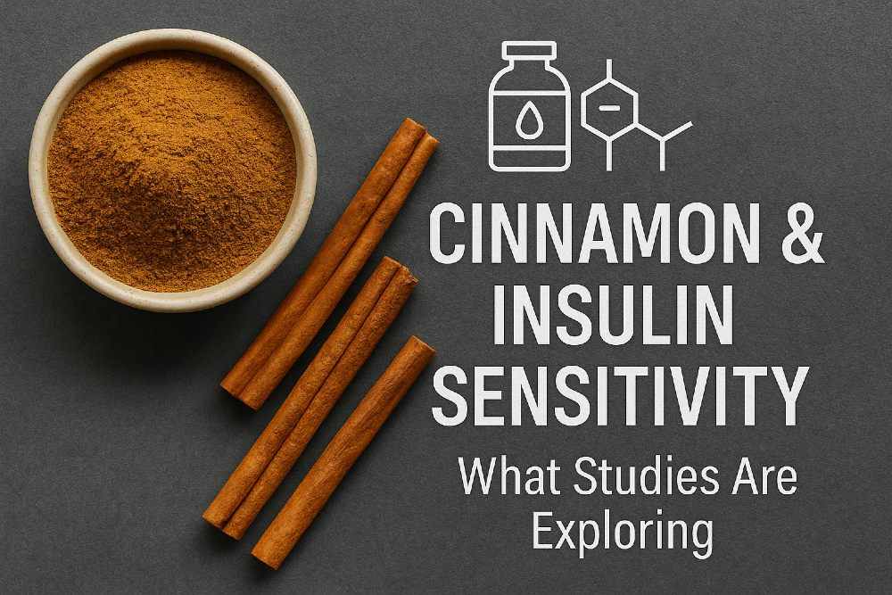 Ceylon cinnamon powder and sticks with an insulin and glucose icon illustrating research on cinnamon and insulin sensitivity.