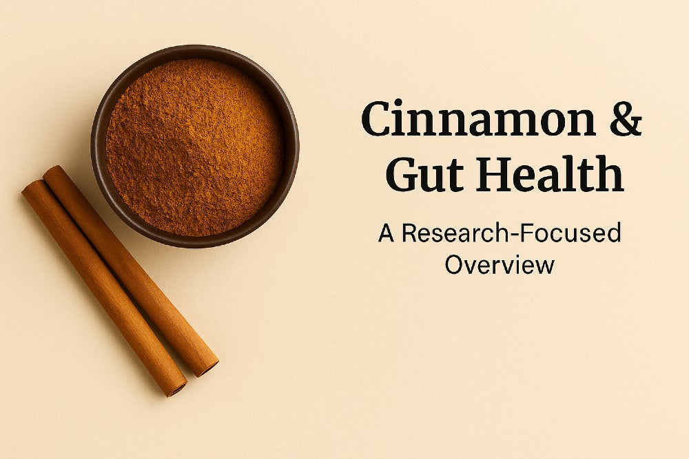 cinnamon sticks and powdered cinnamon on neutral background with gut health research title
