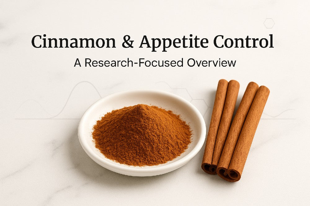 Ceylon cinnamon in a white dish with the title ‘Cinnamon & Appetite Control.