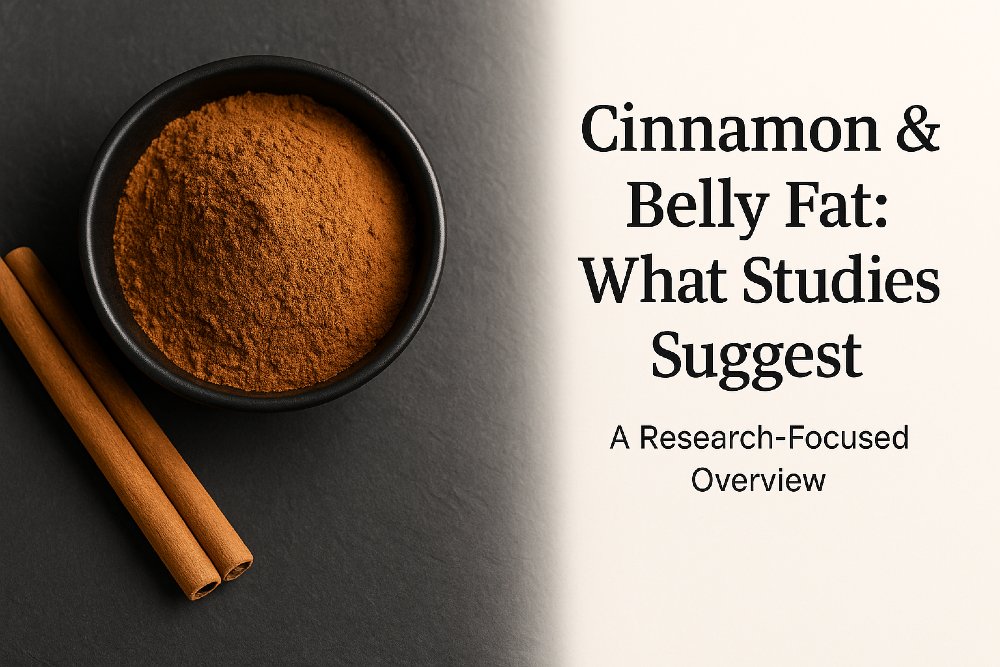 Ceylon cinnamon in a wooden bowl with the title ‘Cinnamon & Belly Fat: What Studies Suggest.
