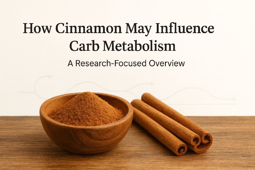 Ceylon cinnamon sticks and powder on a clean scientific background with the title ‘How Cinnamon May Influence Carb Metabolism.