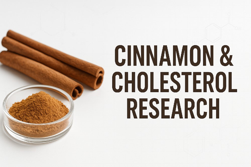 Ceylon cinnamon in a glass dish with cinnamon sticks on a clean research background, titled ‘Cinnamon & Cholesterol Research’.