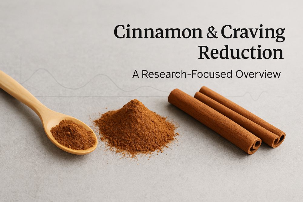 Cinnamon powder on gray stone with the title ‘Cinnamon & Craving Reduction.