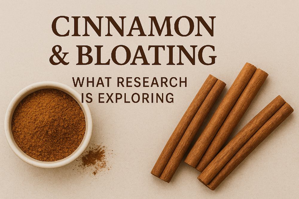 cinnamon sticks and powdered cinnamon with bloating research title overlay