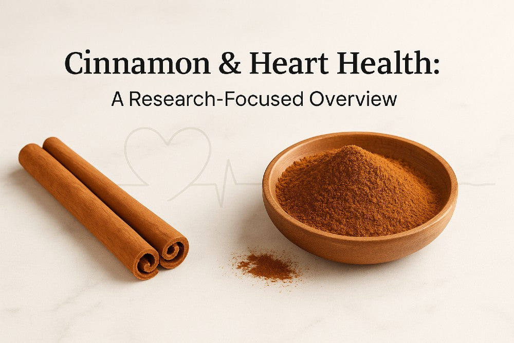 Cinnamon powder and sticks with the title ‘Cinnamon & Heart Health’ on a clean research-style background.