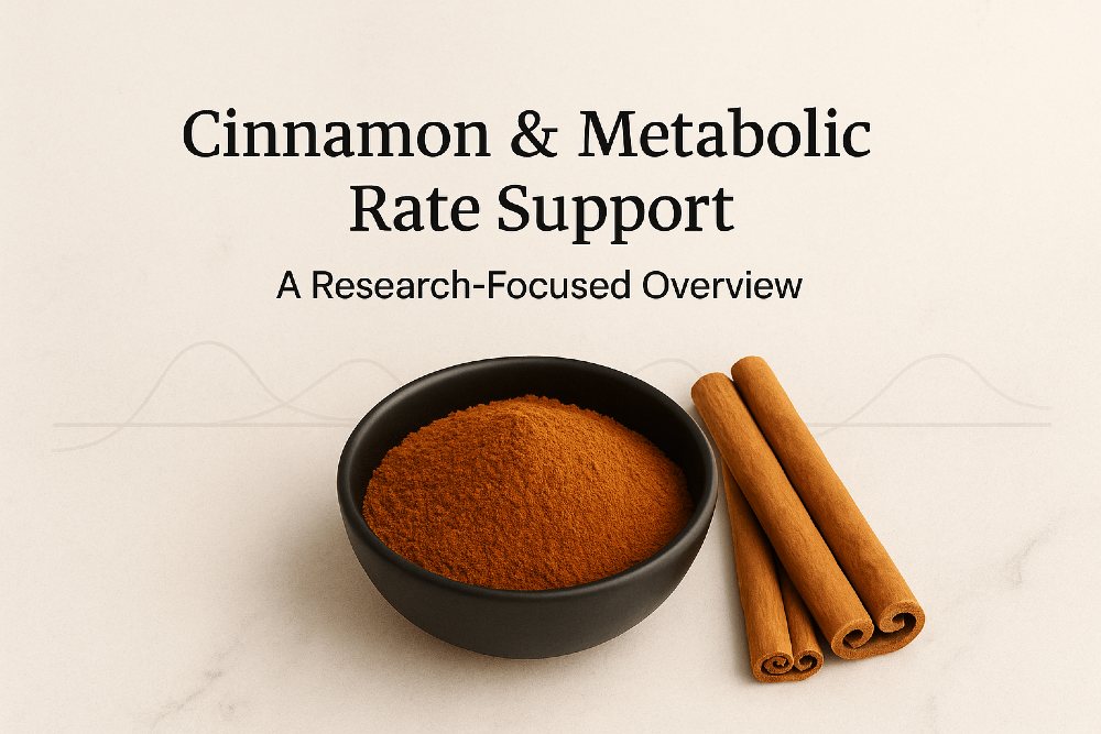 Ceylon cinnamon in a black bowl with the title ‘Cinnamon & Metabolic Rate Support