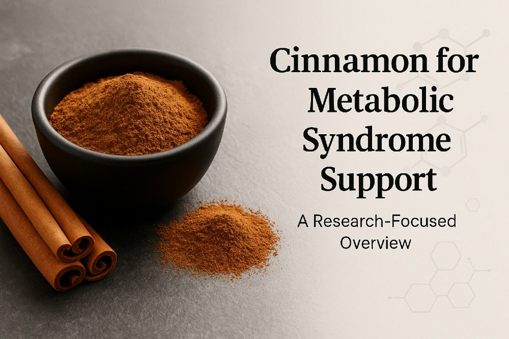 Ceylon cinnamon in a wooden bowl with cinnamon sticks on a clean background with the title ‘Cinnamon for Metabolic Syndrome Support.