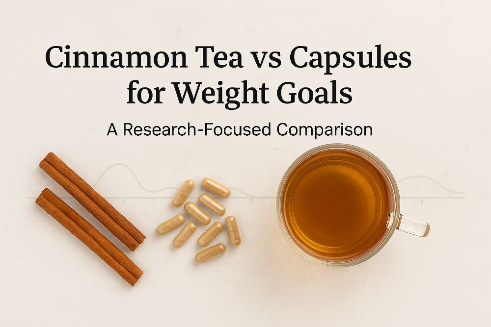 Cinnamon tea and cinnamon capsules on a clean surface with text ‘Cinnamon Tea vs Capsules for Weight Goals.