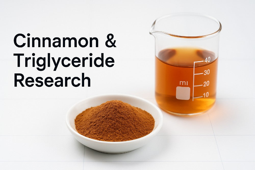 Cinnamon powder and a small beaker on a clean research surface with the title ‘Cinnamon & Triglyceride Research’.