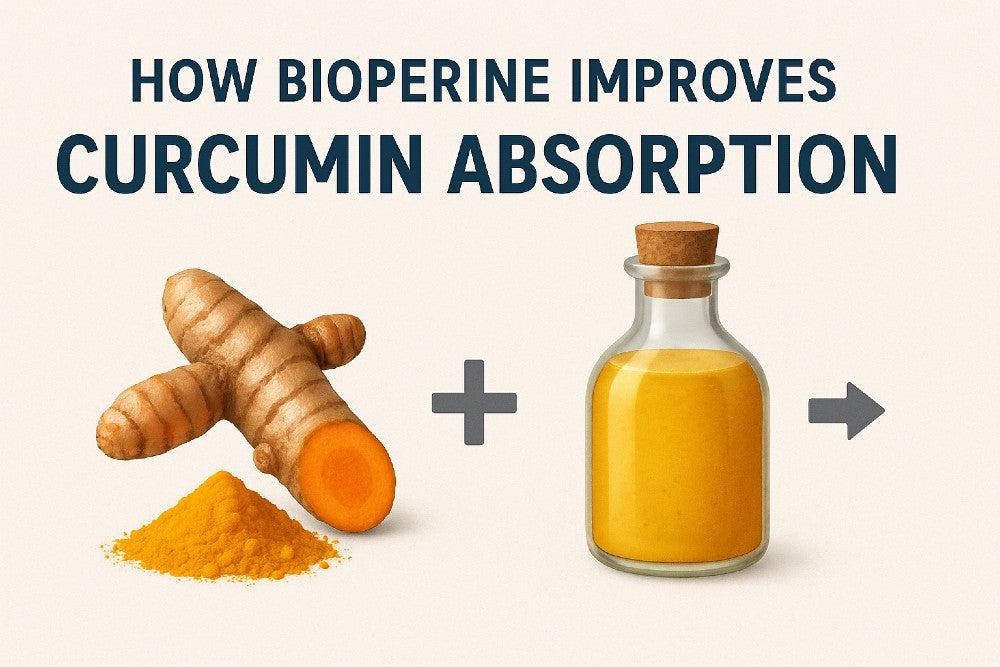 How BioPerine improves curcumin absorption illustrated with turmeric root, powder, and curcumin extract bottle
