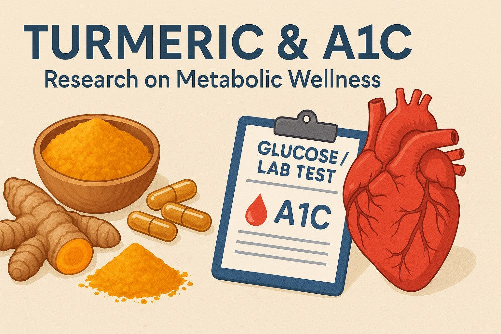 Turmeric and A1C research overview featuring turmeric powder, turmeric capsules, roots, a glucose lab test clipboard, and a medical heart illustration.