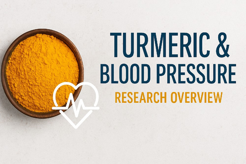 turmeric bowl with heart pulse icon and blood pressure research text