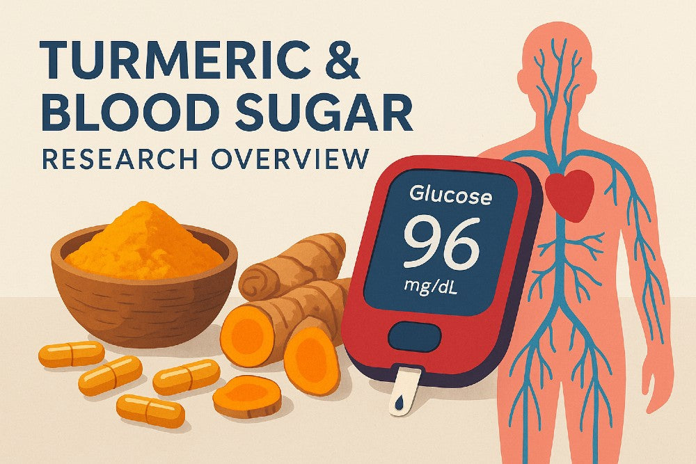 Turmeric and blood sugar research overview showing turmeric powder, turmeric roots, capsules, a blood glucose monitor, and a human vascular illustration.