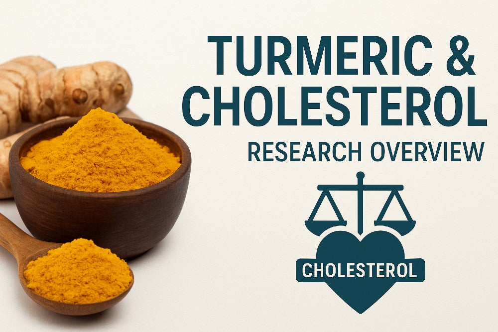 turmeric bowl with cholesterol balance icon and research overview text