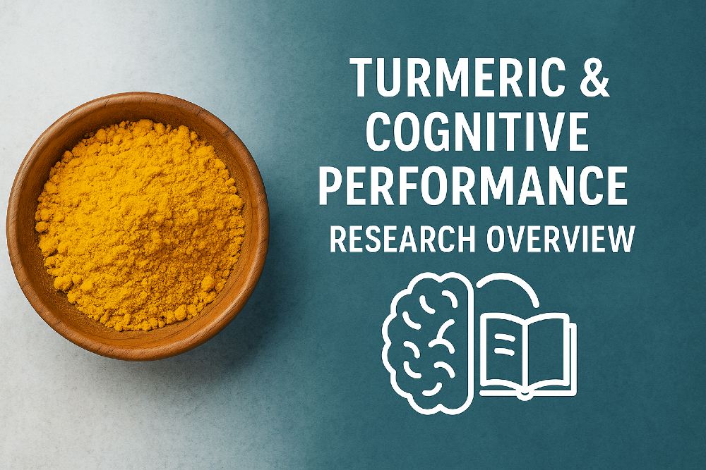 turmeric bowl with brain and learning icon and research overview text