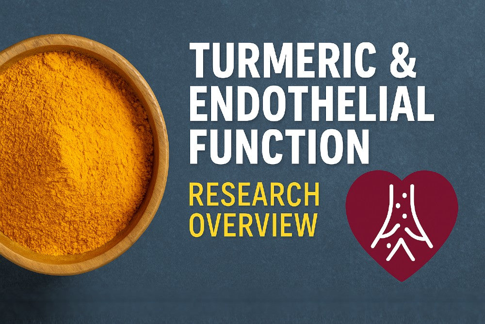 turmeric bowl with endothelial function heart icon and research overview text