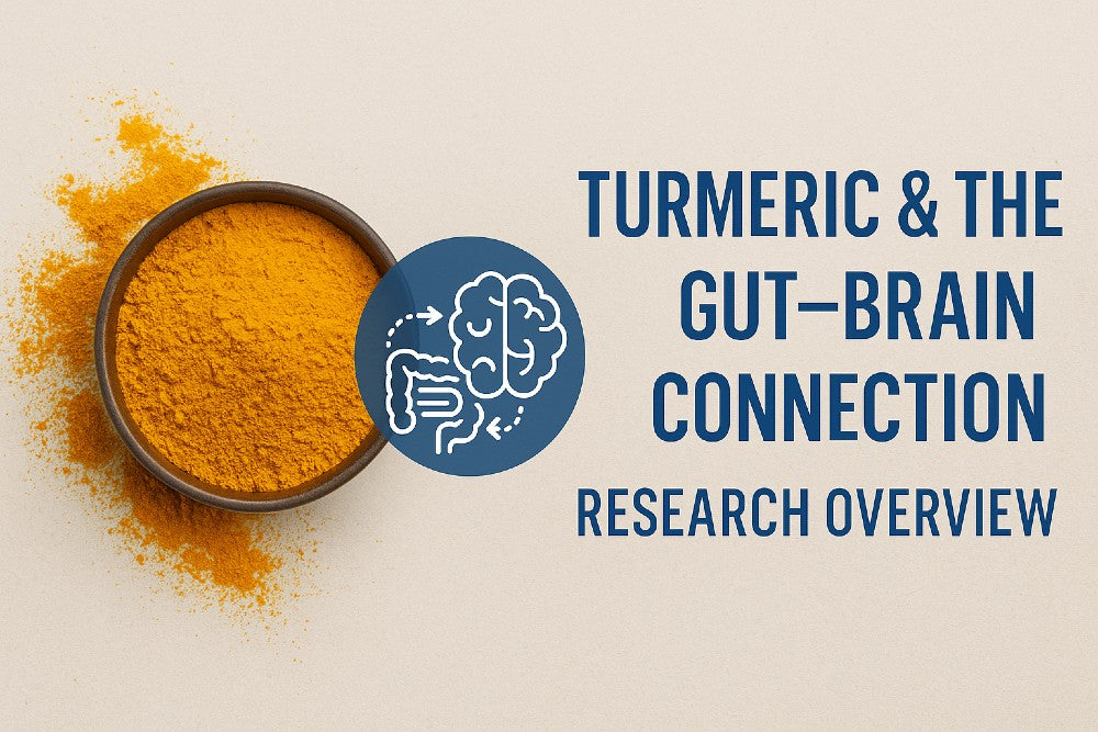 turmeric bowl with gut and brain connection icon and research overview text