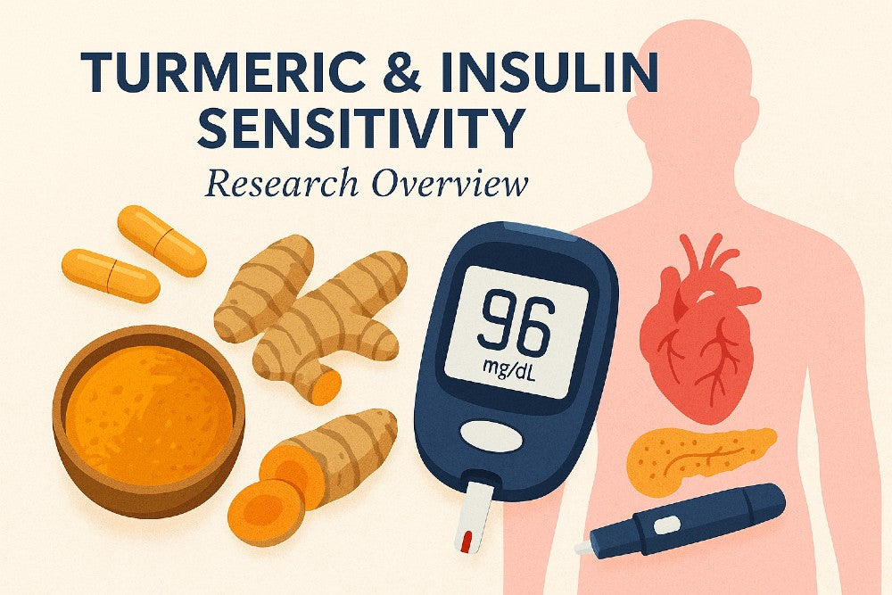 Turmeric and insulin sensitivity research overview featuring turmeric capsules and roots, a blood glucose monitor, and human metabolic system illustration