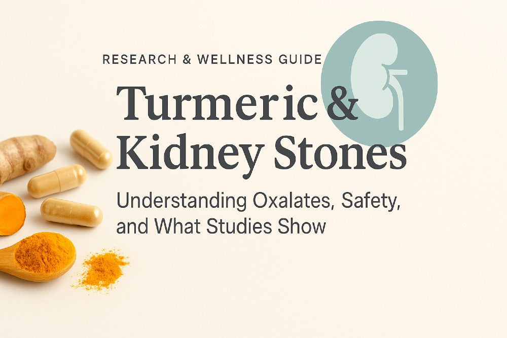 Hero image showing turmeric root, turmeric capsules, and powder beside the title “Turmeric & Kidney Stones: Understanding Oxalates, Safety, and What Studies Show.