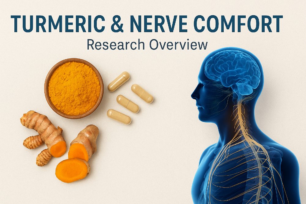 Turmeric and nerve comfort research overview with turmeric powder, capsules, roots, and a blue anatomical illustration showing nerves in the brain and spine