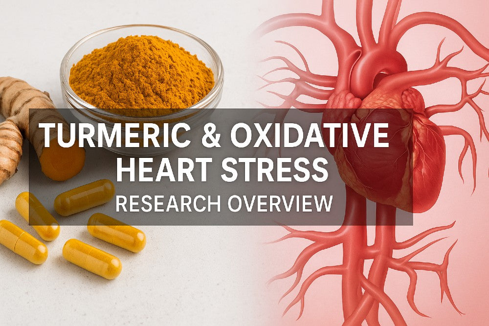 Turmeric and oxidative heart stress research overview featuring turmeric powder, capsules, roots, and a medical heart illustration