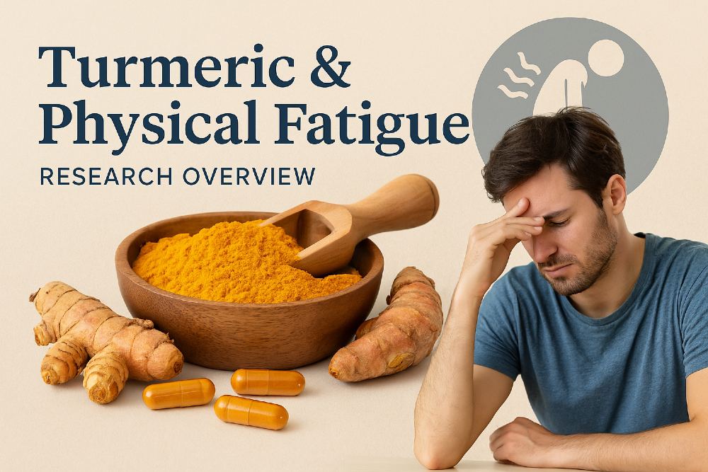 Turmeric and physical fatigue research overview with turmeric powder, capsules, fresh roots, and a fatigued man representing activity-related tiredness.