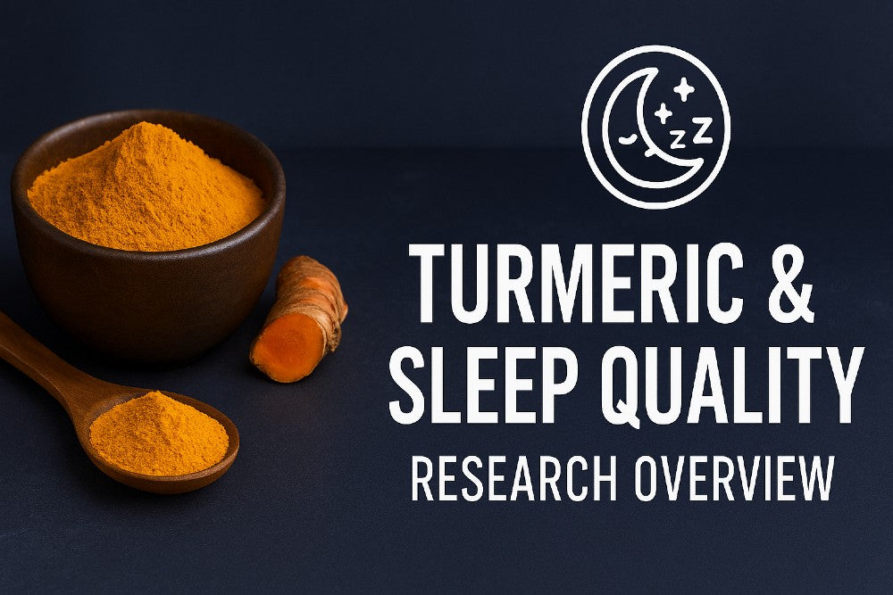 turmeric bowl with moon sleep icon and research overview text