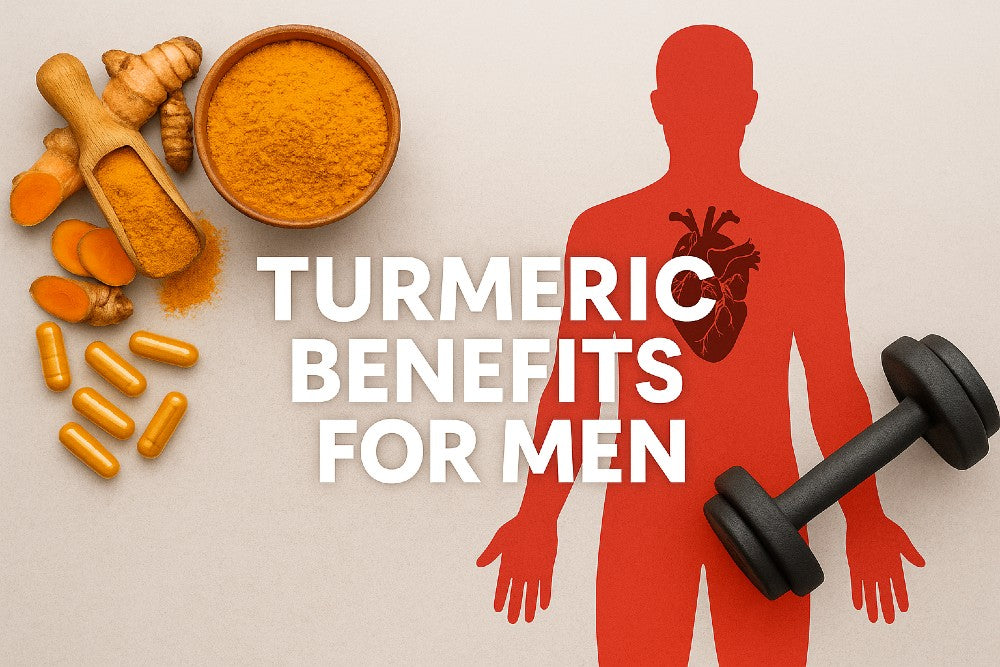 Turmeric benefits for men research overview with turmeric powder, capsules, sliced roots, a male silhouette with a heart illustration, and a dumbbell.