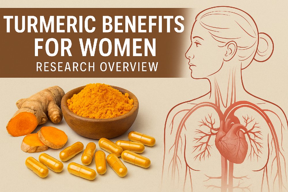 Turmeric benefits for women research overview featuring turmeric powder, capsules, sliced roots, and a medical-style illustration of a woman with highlighted circulation.