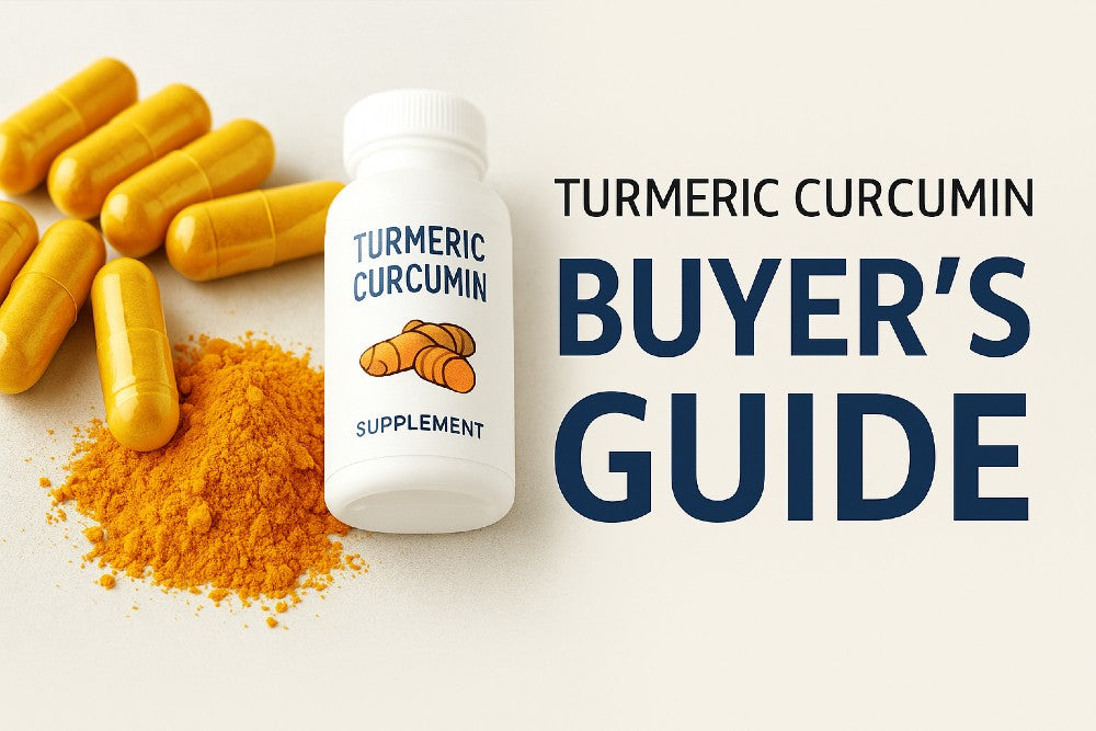 Turmeric Buyer’s Guide hero image featuring turmeric capsules, turmeric powder, and a white supplement bottle next to bold text reading Turmeric Curcumin Buyer’s Guide.