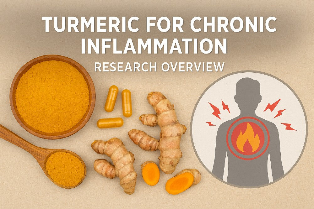 Turmeric and chronic inflammation research overview featuring turmeric powder, capsules, roots, and a medical inflammation illustration