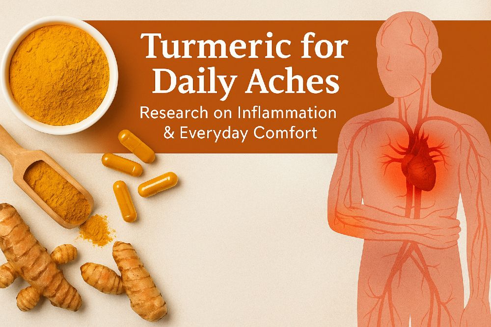 Turmeric for daily aches research overview featuring turmeric powder, capsules, roots, and an illustrated human figure highlighting inflammation areas