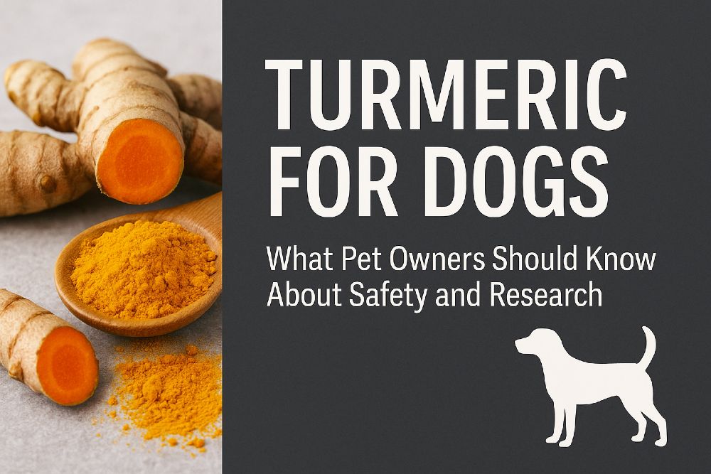 Hero image showing turmeric root and powder beside the title “Turmeric for Dogs: What Pet Owners Should Know About Safety and Research” with a dog silhouette.