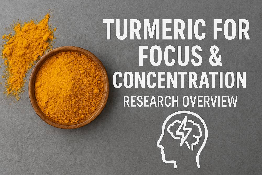 turmeric bowl with brain focus icon and research overview text