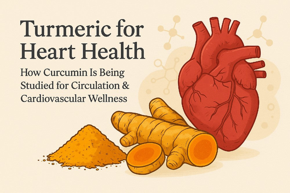 Illustration of turmeric roots and powder next to a heart graphic representing research on curcumin, circulation, and cardiovascular wellness.