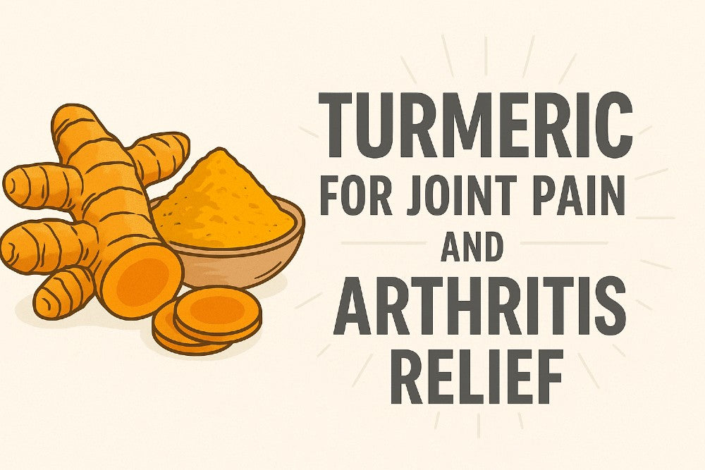 Infographic-style illustration showing turmeric root and turmeric powder with highlighted joints, representing research on turmeric’s potential role in supporting joint comfort and mobility.