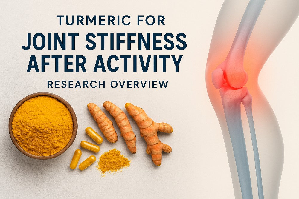 Turmeric for joint stiffness after activity research overview featuring turmeric powder, capsules, roots, and an illustrated knee joint with inflammation highlighted