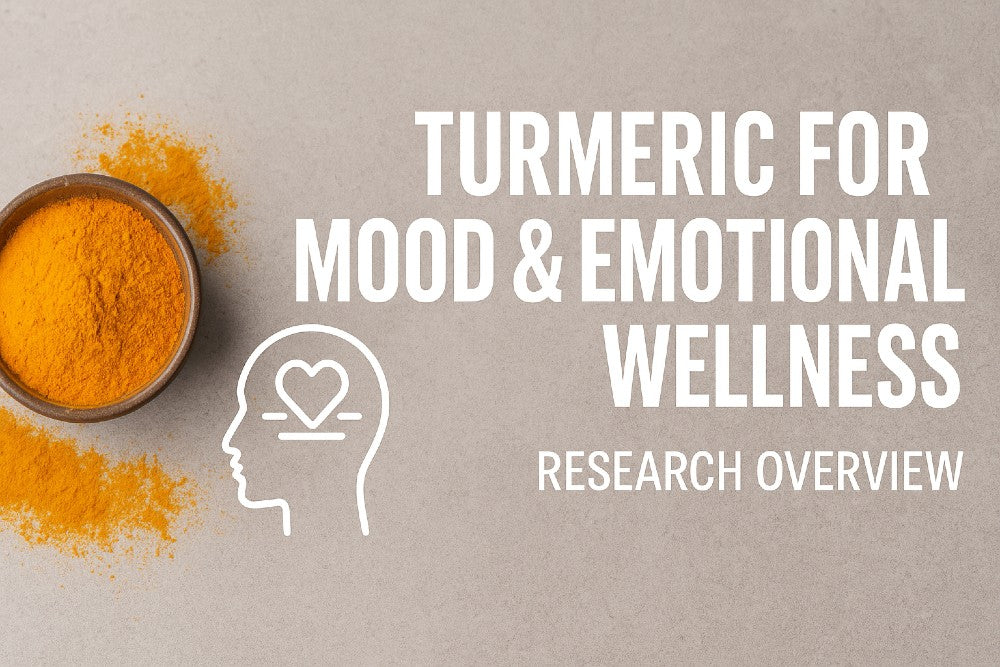 turmeric bowl with mood and emotional wellness icon and research overview text