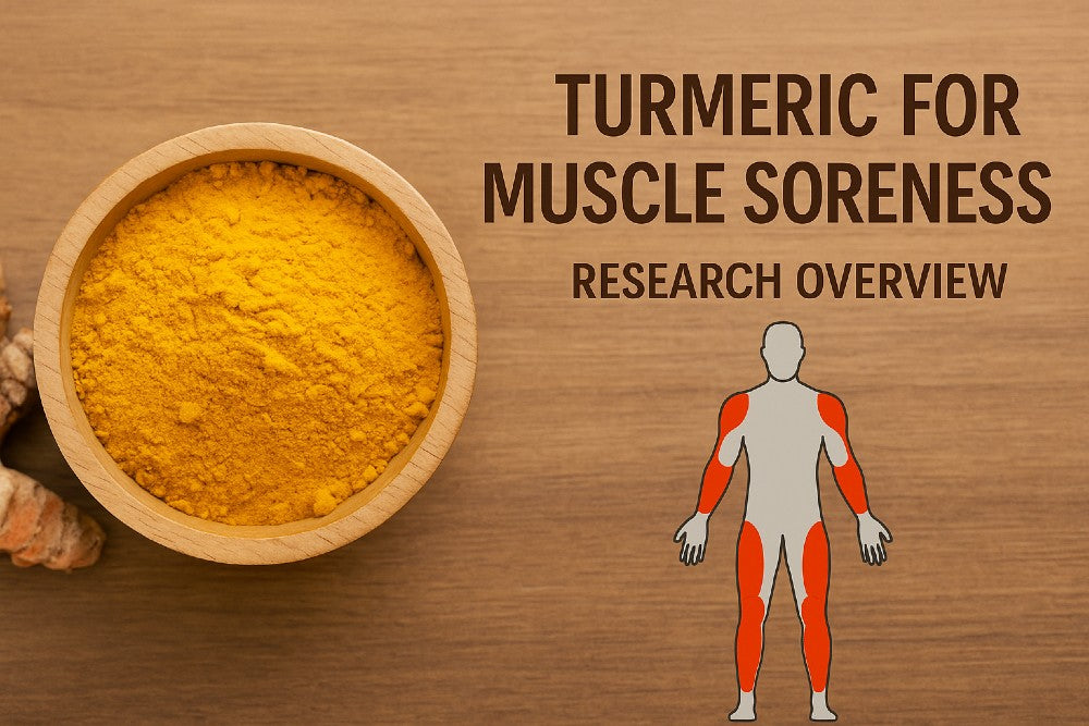 turmeric powder beside an illustration of muscle soreness in the arms and legs