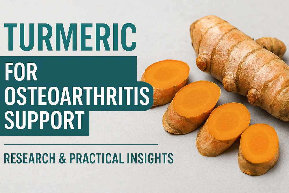 Turmeric for osteoarthritis support infographic showing turmeric root and slices with research-based wellness information.