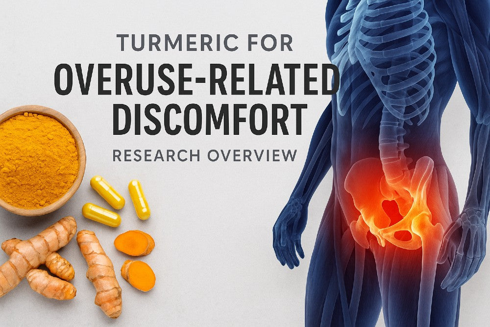 Turmeric for overuse-related discomfort research overview featuring turmeric powder, capsules, fresh turmeric root, and an anatomical illustration highlighting inflamed hip and pelvic soft tissues.