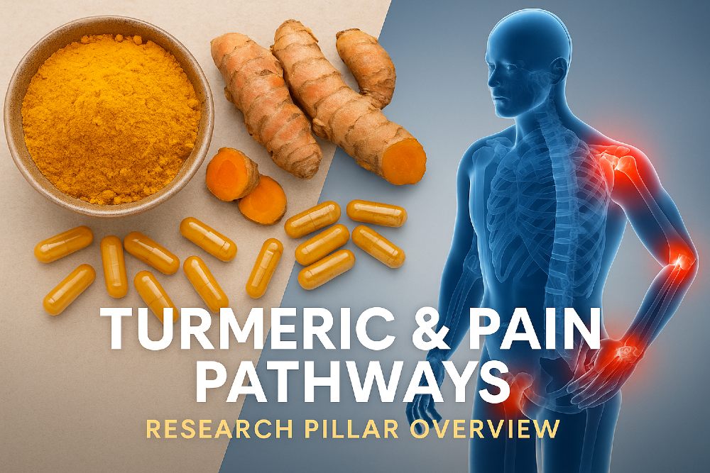 Turmeric and pain pathways research overview featuring turmeric powder, turmeric capsules, turmeric roots, and a human body illustration highlighting joint pain areas