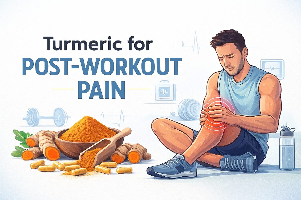 Turmeric for post-workout pain research overview featuring turmeric powder, capsules, roots, and an illustrated athlete holding a sore knee with fitness icons in the background.