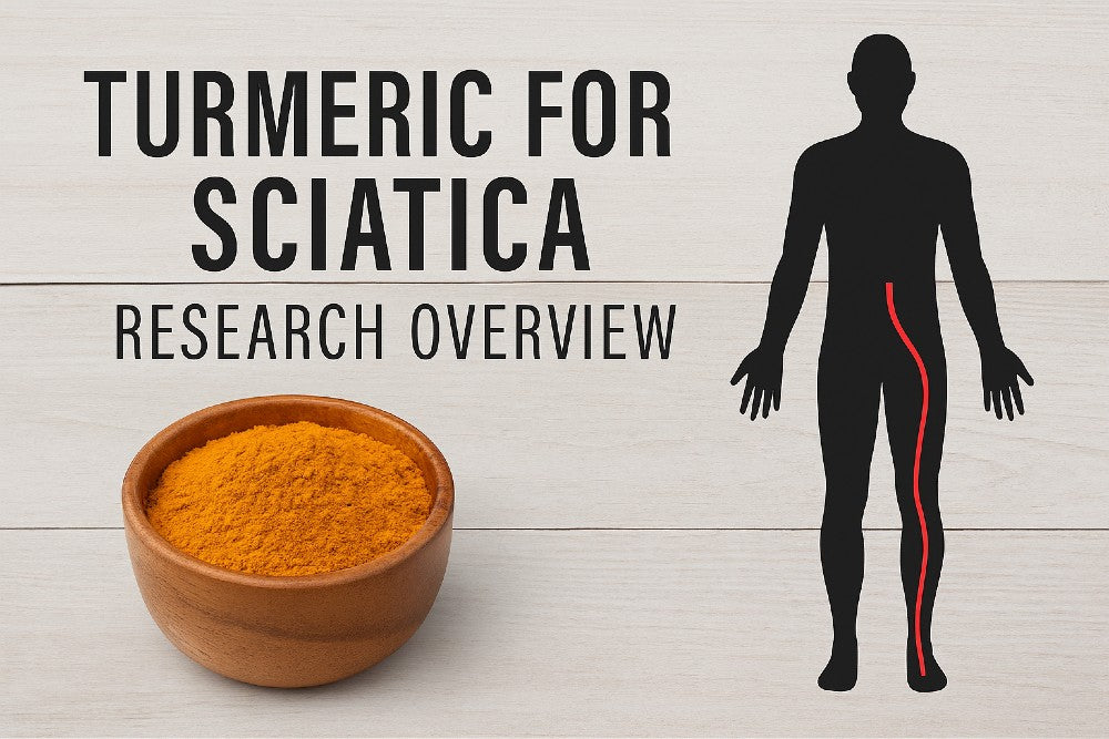 turmeric powder beside an illustration of sciatic nerve pain down the leg