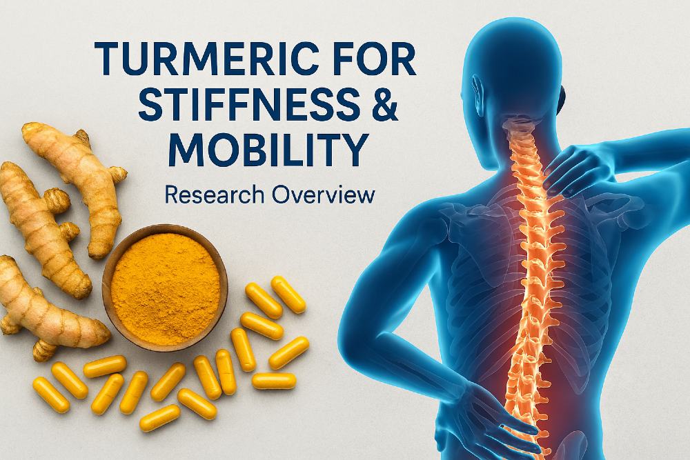 Turmeric for stiffness and mobility research overview with turmeric roots, powder, capsules, and an anatomical illustration showing spinal and shoulder stiffness