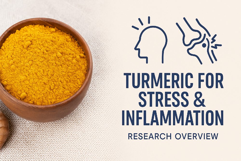 turmeric bowl with stress and inflammation icons and research overview text