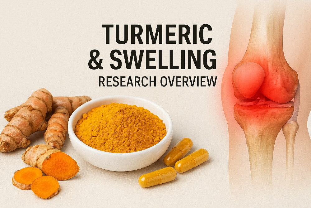 Turmeric and swelling research overview featuring turmeric powder, capsules, fresh turmeric root, and a medical illustration of knee inflammation