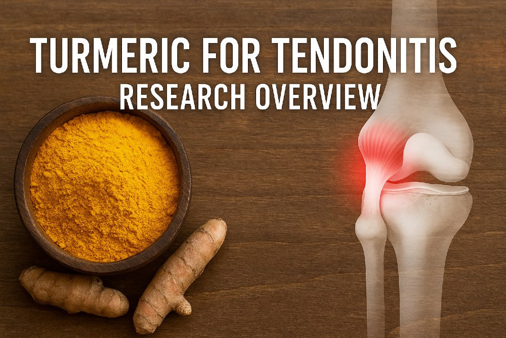 turmeric powder beside an illustration of an inflamed knee tendon