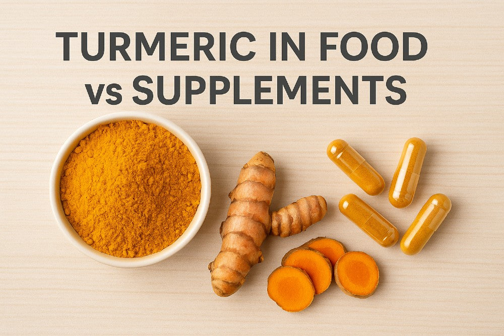 Turmeric in food vs supplements research overview featuring turmeric powder in a bowl, turmeric roots and slices, and turmeric capsules on a clean neutral background.